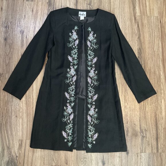Vintage David N. Linen Blazer Jacket Coat Duster Cardigan Black Embroidered Sz 6 - Picture 1 of 6